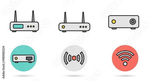 Collection of modern wireless routers and network devices icons.