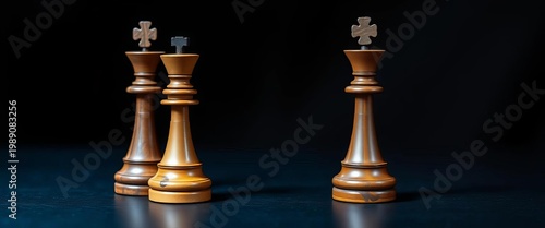 Two majestic wooden chess kings stand on a dark surface,   carved,  wood