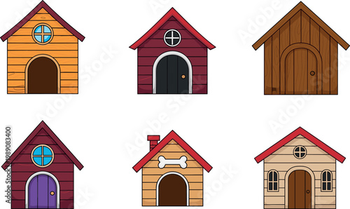 Cute dog house set with different wooden kennel designs, colorful pet shelters illustration isolated on white background for animal care concept