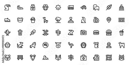 Zoo animal icon set. Vector illustration collection. Includes toucan, crocodile, gorilla, elephant, giraffe, lion, panda, monkey, kangaroo and more zoo symbols.