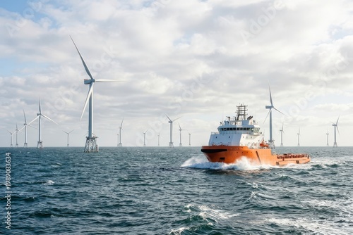 Offshore Supply Vessel Near Wind Turbines in Calm Sea Under Cloudy Sky