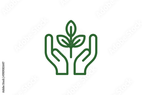 Minimal green seedling icon held by two hands for sustainable lifestyle.