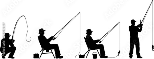 Foto Fisherman Silhouette Set, Man Fishing with Rod, Sitting on Chair, Standing, Squatting, Outdoor Activity, Vector Illustration, Isolated on White Background