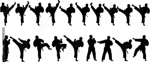 Large collection of black silhouettes featuring martial arts fighters performing high kicks, punches, and combat stances, flat vector illustration.