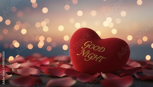 Romantic Red Heart with Good Night Message on Petals and Bokeh Lights
