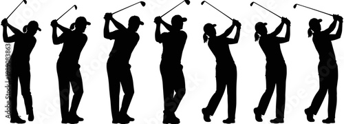 Silhouette sequence of a female golfer swinging a golf club in different stages of the swing, flat vector illustration design.