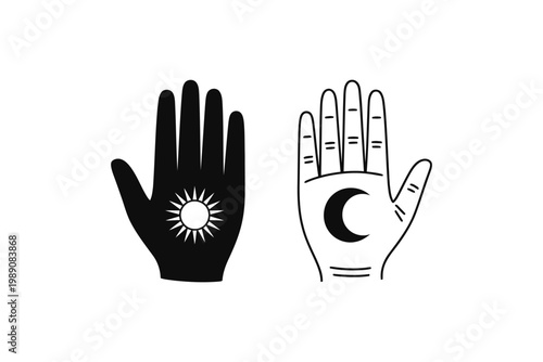Mystical palmistry hands showing sun and moon symbols in minimalist style.