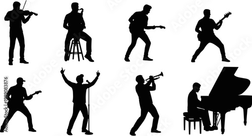 Collection of black silhouettes featuring male musicians playing violin, saxophone, guitar, trumpet, and piano with a singer performing, vector illustration.