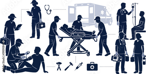 2026 Emergency Medical Paramedic Silhouette Vector Bundle, Ambulance Stretcher Patient Care Clipart, Healthcare Staff and First Aid SVG 