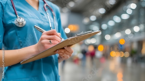 A healthcare professional taking notes on a clipboard