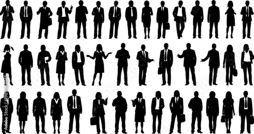 Large, diverse, collection, of, professional, business, people, silhouettes, in, various, standing, and, action, poses, for, corporate, office, team, design.