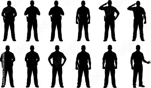Large, collection, of, professional, police, officer, silhouettes, in, various, standing, and, saluting, poses, for, security, and, law, enforcement, design.