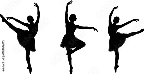 Collection, of, elegant, ballerina, silhouettes, performing, graceful, ballet, poses, and, movements, in, a, wide, panoramic, format, for, artistic, theater, design.