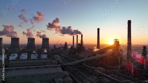 Industrial factory complex emitting smoke at sunset