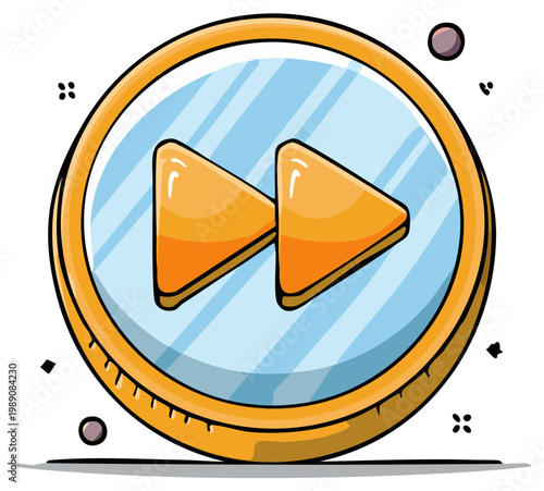 Cartoon fast forward button icon with orange arrows inside a golden circular frame