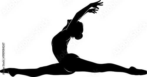 Elegant, silhouette, illustration, of, a, rhythmic, gymnast, performing, a, graceful, floor, split, jump, for, sports, and, fitness, design, projects.