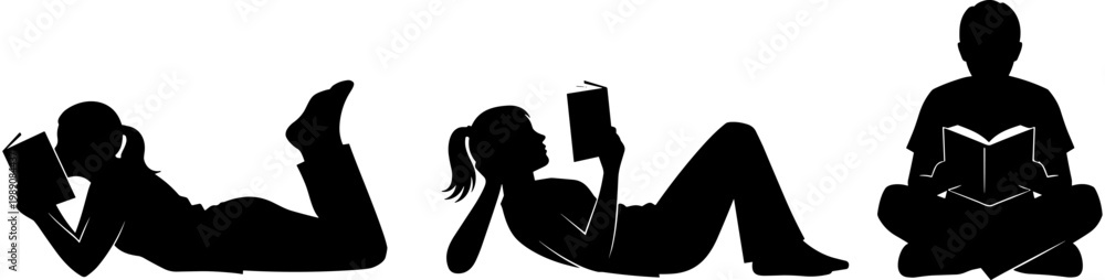 Fototapeta premium Silhouettes of diverse young people and students sitting and lying down while reading books for education, learning, and academic study sessions