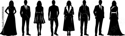 Collection of professional and casual black vector silhouettes featuring men and women in various fashion outfits isolated on white background,