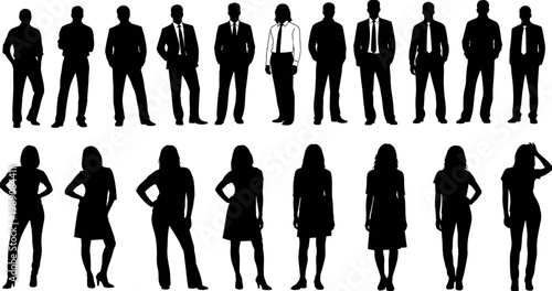 Set of black vector silhouettes featuring diverse businessmen and businesswomen standing in professional poses isolated on a plain white background,