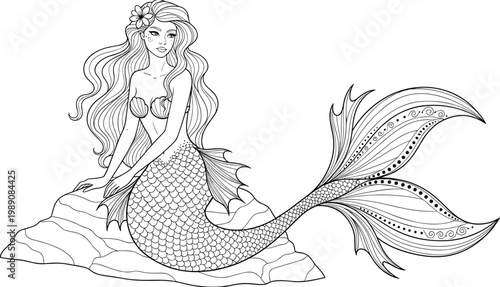 Beautiful hand drawn mermaid line art sitting on a rock with long hair and decorative tail for coloring book page, mermaid, underwater, fantasy, illustration, vector, mythology