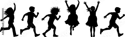 Happy Children Silhouettes Set, Kids Running and Jumping, Boys and Girls Playing, Joyful Childhood Action Poses, Vector Illustration for Design.