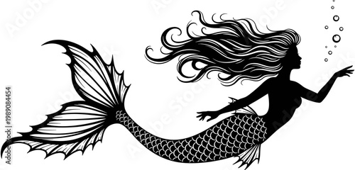 Mermaid Silhouette Vector Illustration, Mythical Undersea Creature with Long Flowing Hair, Beautiful Sea Nymph, Fantasy Swimming Pose for Creative Graphic Projects.