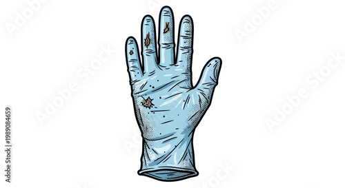 Dirty blue disposable glove on white background