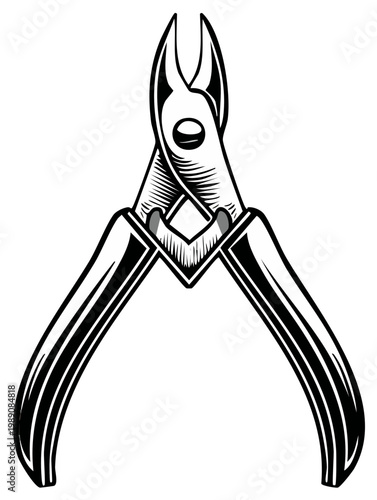 Hand drawn metal cutting tool illustration. Antique style tool with rubber grips. Black and white line art. Engraving style