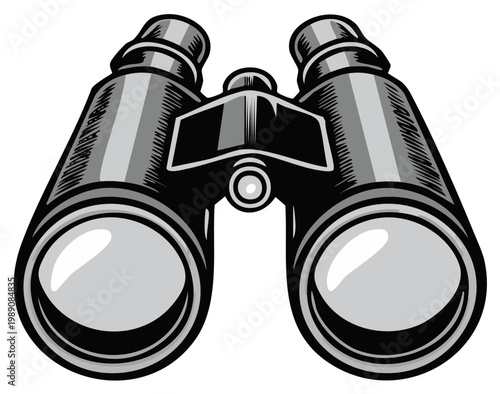 Illustration of modern binoculars, monochrome style, observation equipment for distance viewing