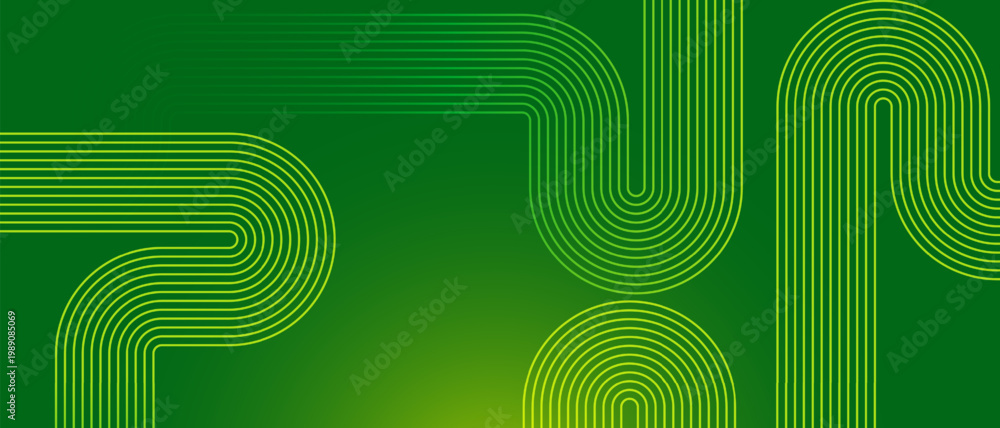 Naklejka premium Modern green gradient background with wavy parallel lines. Geometric lime stripe pattern. Digital connectivity and eco technology concept. Minimalist backdrop for banner.