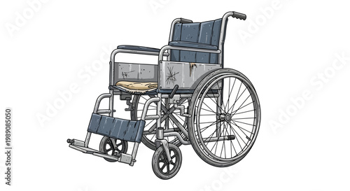Old wheelchair isolated on white background, medical equipment