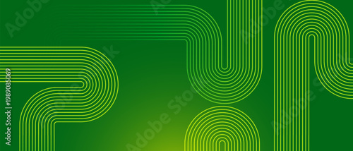Modern green gradient background with wavy parallel lines. Geometric lime stripe pattern. Digital connectivity and eco technology concept. Minimalist backdrop for banner.