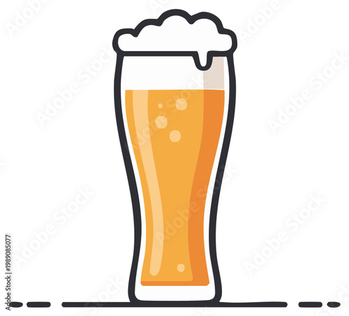 Refreshing golden beer in a tall glass with white foam, alcoholic drink illustration