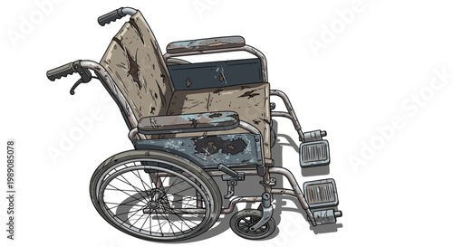 Old, worn wheelchair on white background