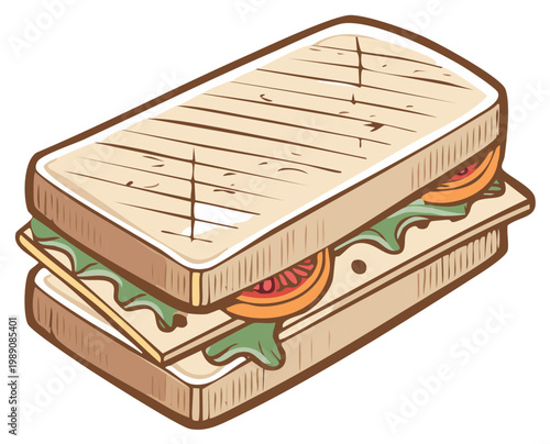 Cartoonish toasted sandwich with tomatoes and lettuce filling between bread slices, delicious meal illustration