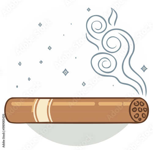 Cartoon lit cigar with stylized swirling smoke and sparkles vector illustration
