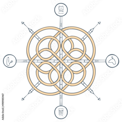 Intricate knot with directional indicators and surrounding symbology, Celtic influence, hand-drawn vector illustration, artistic design