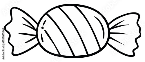 Black and white outline drawing of a wrapped candy with diagonal stripes sweet dessert confectionary doodle illustration