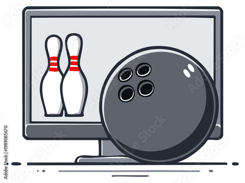 Bowling ball with bowling pins displayed on a computer screen illustration