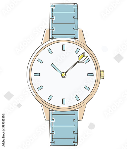 Modern illustrated wristwatch with light blue band and golden case minimalist design