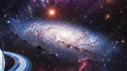 A stunning spiral galaxy with vibrant stars and celestial bodies swirls in deep space.