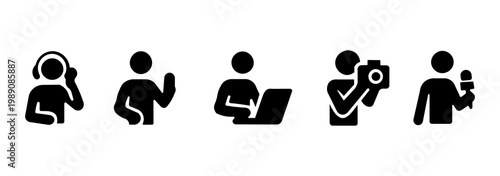 Stickman style news and media concept icons featuring reporters, camera crew, podcast hosts. Stickman silhouettes