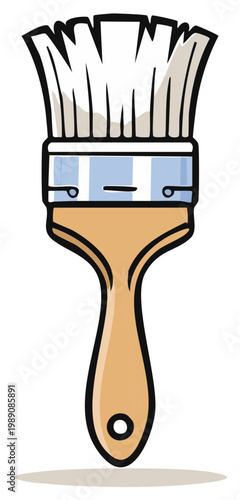 Cartoon illustration of a paint brush with wooden handle and white bristles for artistic projects