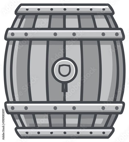 Stylized Illustration of a Large Gray Barrel with Metal Bands and a Spigot Access Point, Cellar Icon