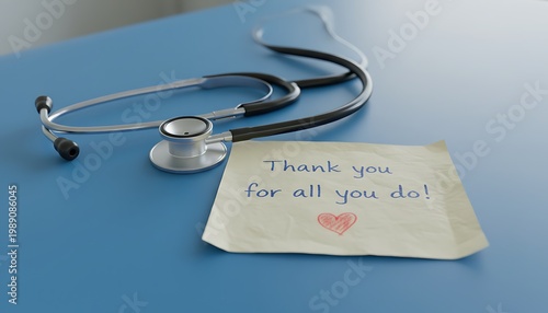 Stethoscope and Thank You Note on Clinic Desk
