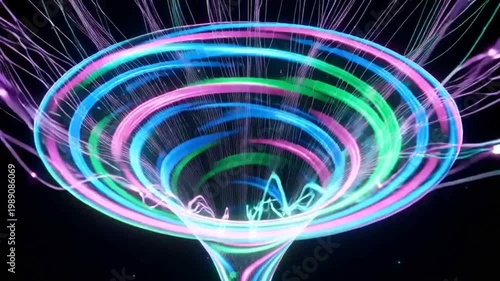 Vibrant Neon Light Painting Spiral Shapes.