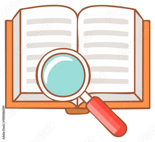 Open book and magnifying glass illustration for research study and discovery concepts