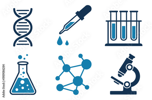 Clean science icons with DNA, test tubes, microscope, and lab equipment, minimal flat style collection representing scientific discovery