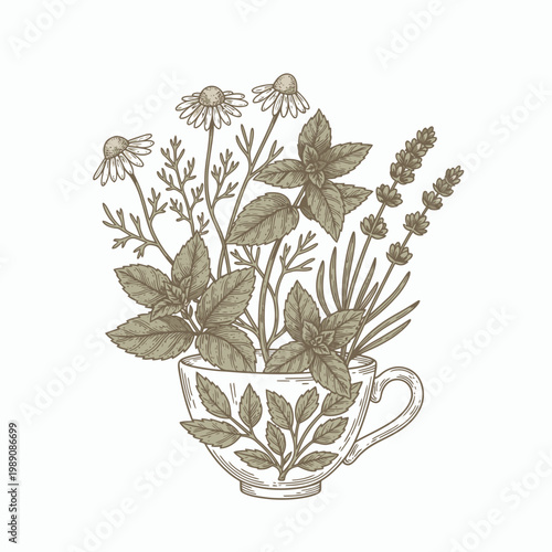Herbal Tea Cup with Chamomile Lavender and Mint Botanical Illustration.