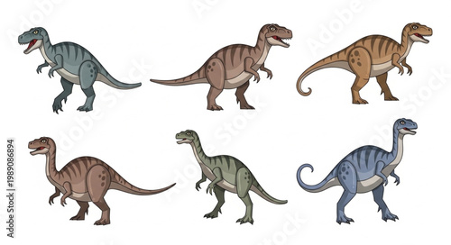 Collection of Six Different Dinosaur Illustrations on White Background.